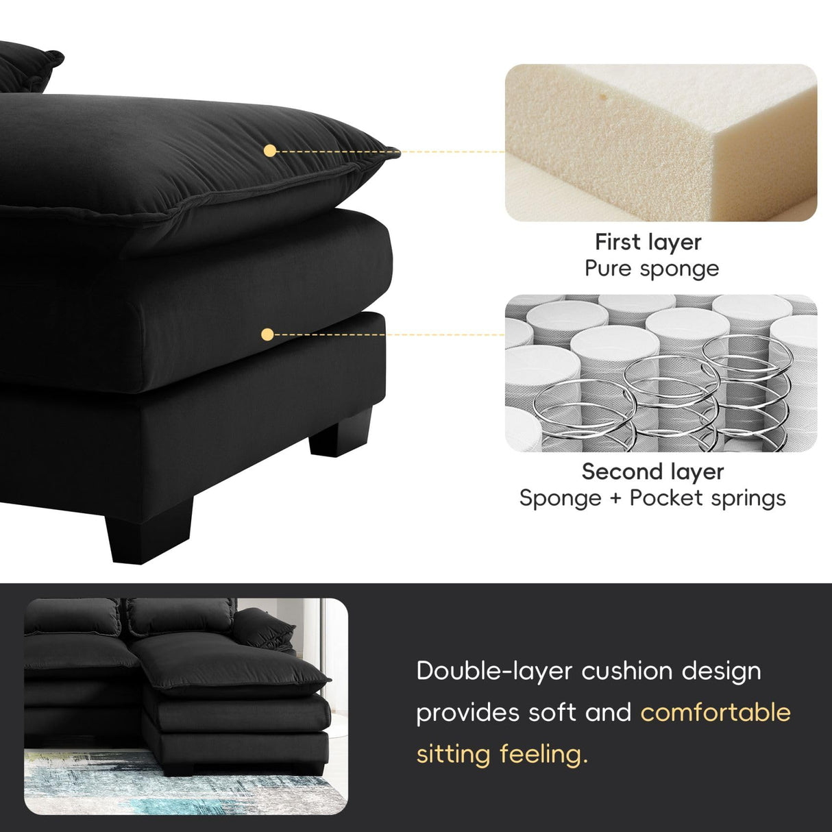 Merax 110" Modular Sectional Couches with Waist Pillows, 6-seat U-Shaped Upholstered Sleeper Sofa Bed Chaise Lounge for Living Room Furniture, Large, Black Merax