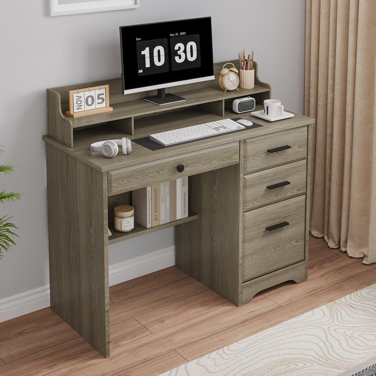 4 EVER WINNER Computer Desk with Drawers, Farmhouse Home Office Desk with Monitor Stand and File Drawer, Wood Simple PC Desk with Storage, Writing Desk for Bedroom, Grey 4 EVER WINNER