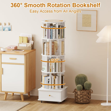 LMSXG-MZ 360° Rotating Bookshelf with Metal Wheels & Drawers for Living Room, Bedroom, Space-Saving Bookcase Organizer & Large Capacity Display Rack (4-Tier) LMSXG-MZ