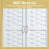 LEVNARY Armoire Wardrobe Closet with 2 Woven Doors, Wardrobe Cabinet with 2 Storage Drawers and Hanging Rail, Freestanding Wooden Closet for Bedroom (White) LEVNARY