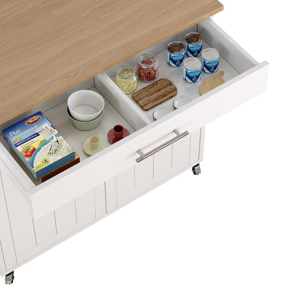 Tornama Kitchen Storage Island, Wooden Rolling Kitchen Island On Wheels with Wood Top, Mobile Kitchen Island Cart with Towel Rack, Spice Rack and Drawers, White - WoodArtSupply