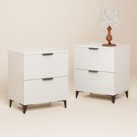 Royal Windsor Fluted Nightstand Set of 2 with 2 Drawers, Side End Table, Small Accent Storage Cabinet,Modern Night Stand Bedside Table for Bedroom,White Royal Windsor