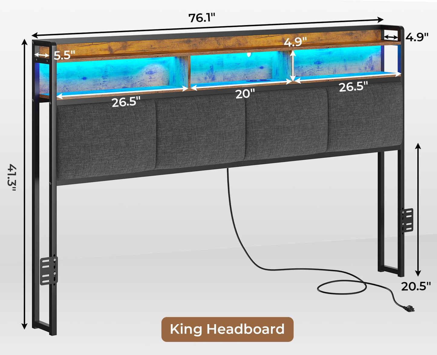 AOGLLATI King Headboard with LED Lights & Charging Station, Grey - Stylish 2-Tier Storage & Soft Backrest - WoodArtSupply