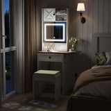 Vanity, Small Vanity Desk with Mirror and Lights, Farmhouse Makeup Vanity Table with 3 Adjustable Lighted Mirror and Chair for Compact Space, Corner Mini White Make up Table with Fold-up Panel Smart FENDEE