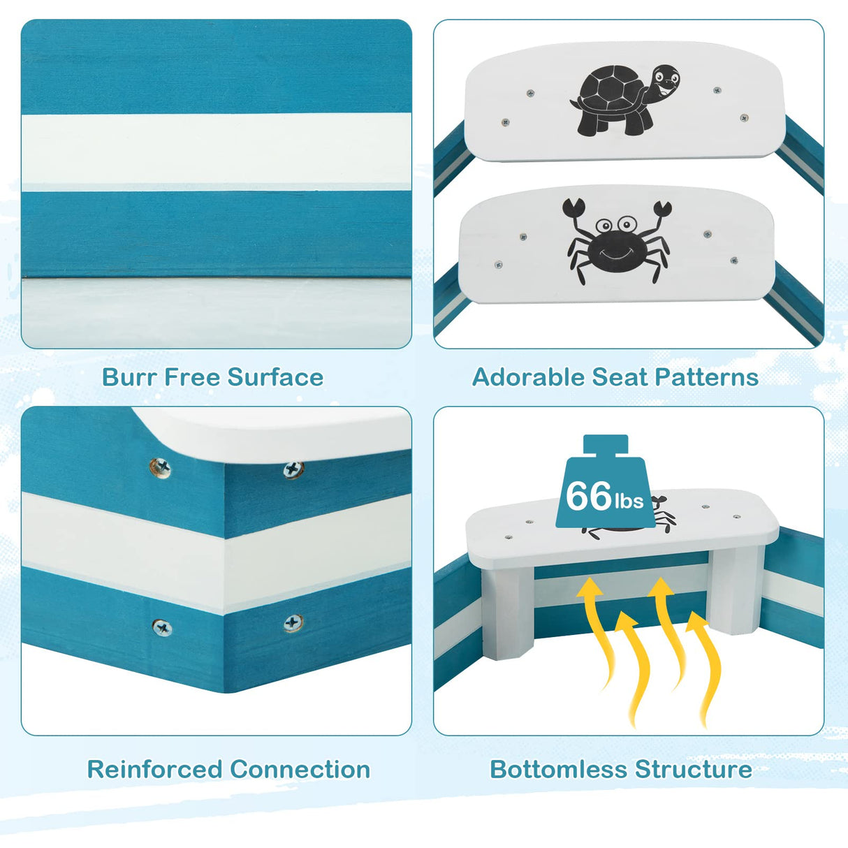 HONEY JOY Kids Sandbox, Cedar Bottomless Sand Pit for Backyard Deck Patio Lawn, 4 Corner Seats with Pattern, Square Wood Sand Boxes for Kids Outdoor, Gift for Boys Girls 3+, Navy Blue HONEY JOY