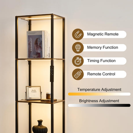 Weaboopre Display Shelf with Lights, 3 Color Temperature & Brightness Curio Collectible Floor Lamp with Shelves, Sturdy Metal Display Cabinet for Living Room, Bedroom, Office Decor Rustic Brown Weaboopre