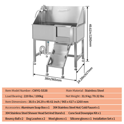 38" Dog Washing Station Large Dogs Grooming Tub Professional Stainless Steel Dog Bathtubs Bathing Tub Pet Washing Station for Home with Steps,R-Door