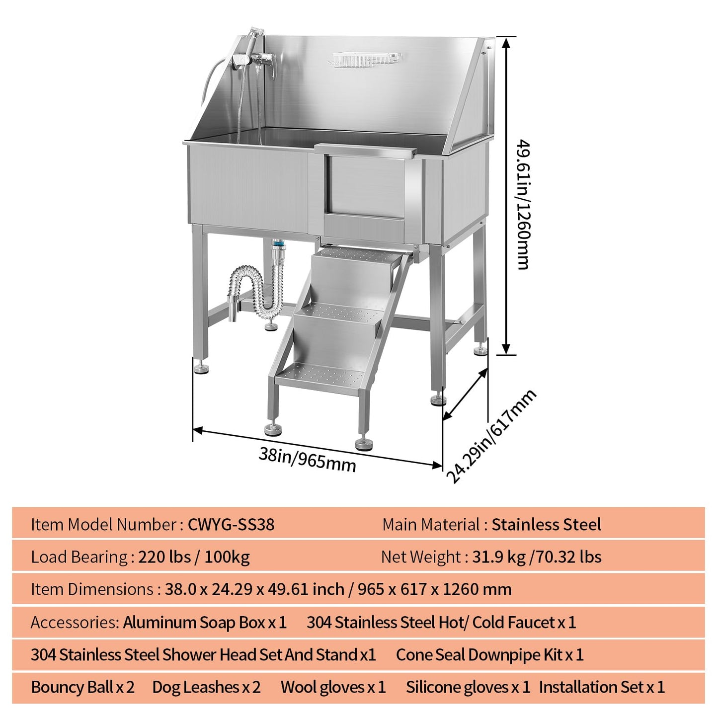 38" Pet Dog Bathing Station W/Ramp, Professional Stainless Steel Dog Grooming Tub W/Floor Grate, Faucet, Dog Bathtub for Large,Medium,Small Pets, Washing Sink for Home,R-Door