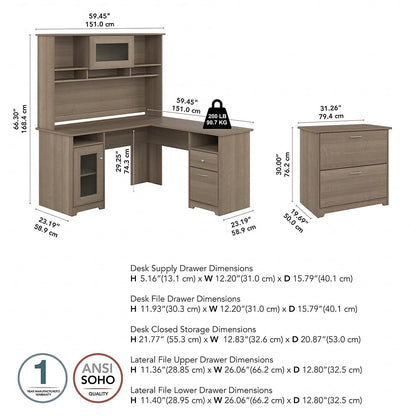 Bush Furniture Cabot 60W L Shaped Computer Desk with Hutch and Lateral File Cabinet in Ash Gray - WoodArtSupply