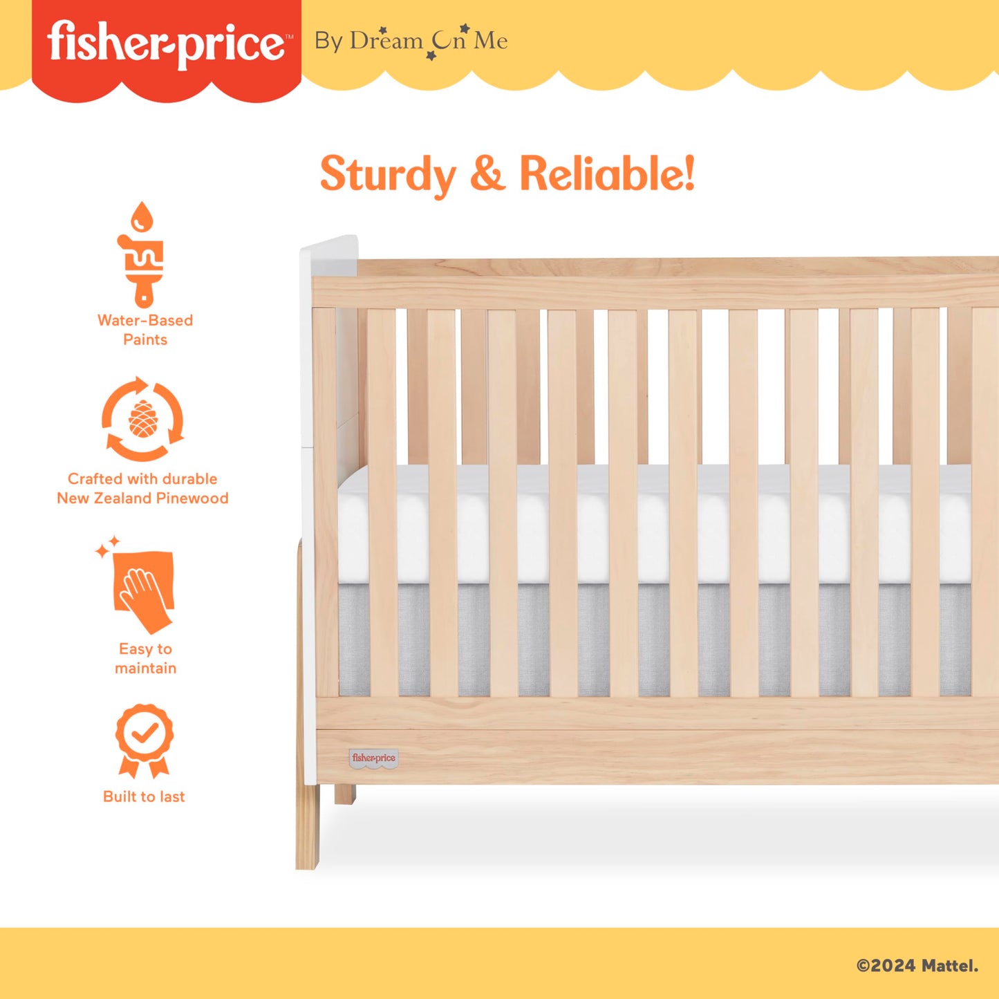 Dream On Me Fisher Price Iris 4-in-1 Convertible Crib in Vintage White Oak, JPMA & Greenguard Gold Certified, Crafted from New Zealand Pine Wood