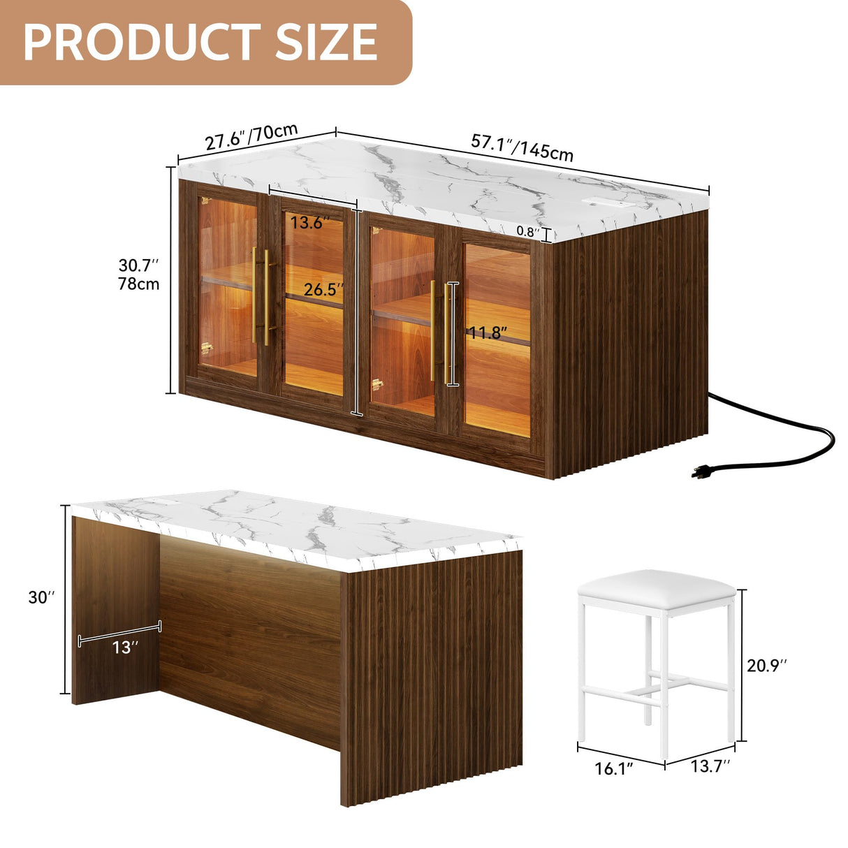 Homiflex Kitchen Island with Storage, 57" W Large Island Table with Seating/LED Light for Dining Room, Kitchen Carts on Wheels Breakfast Bar Table w/Power Outlet, Walnut Homiflex