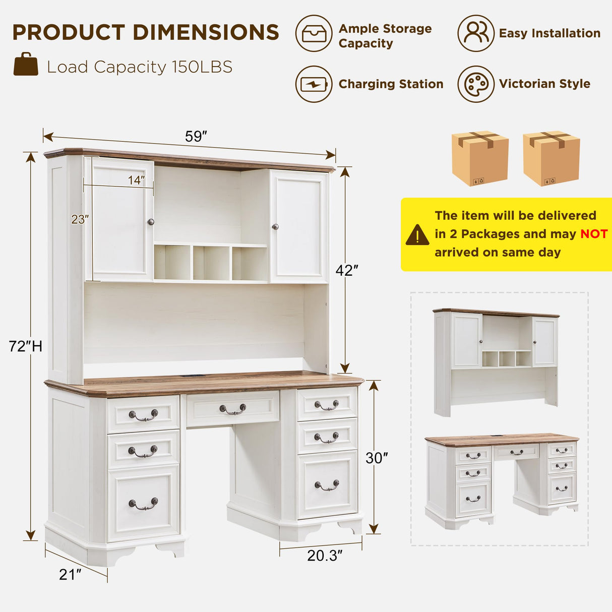 T4TREAM 59" Farmhouse Executive Desk with Hutch,Wood Home Office Computer Desk, Featuring Keyboard Tray,Charging Station,File Drawer, Storage Cabinet,for Work and Study (Antique White) T4TREAM