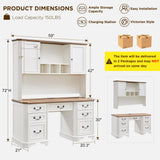 T4TREAM 59" Farmhouse Executive Desk with Hutch,Wood Home Office Computer Desk, Featuring Keyboard Tray,Charging Station,File Drawer, Storage Cabinet,for Work and Study (Antique White) T4TREAM