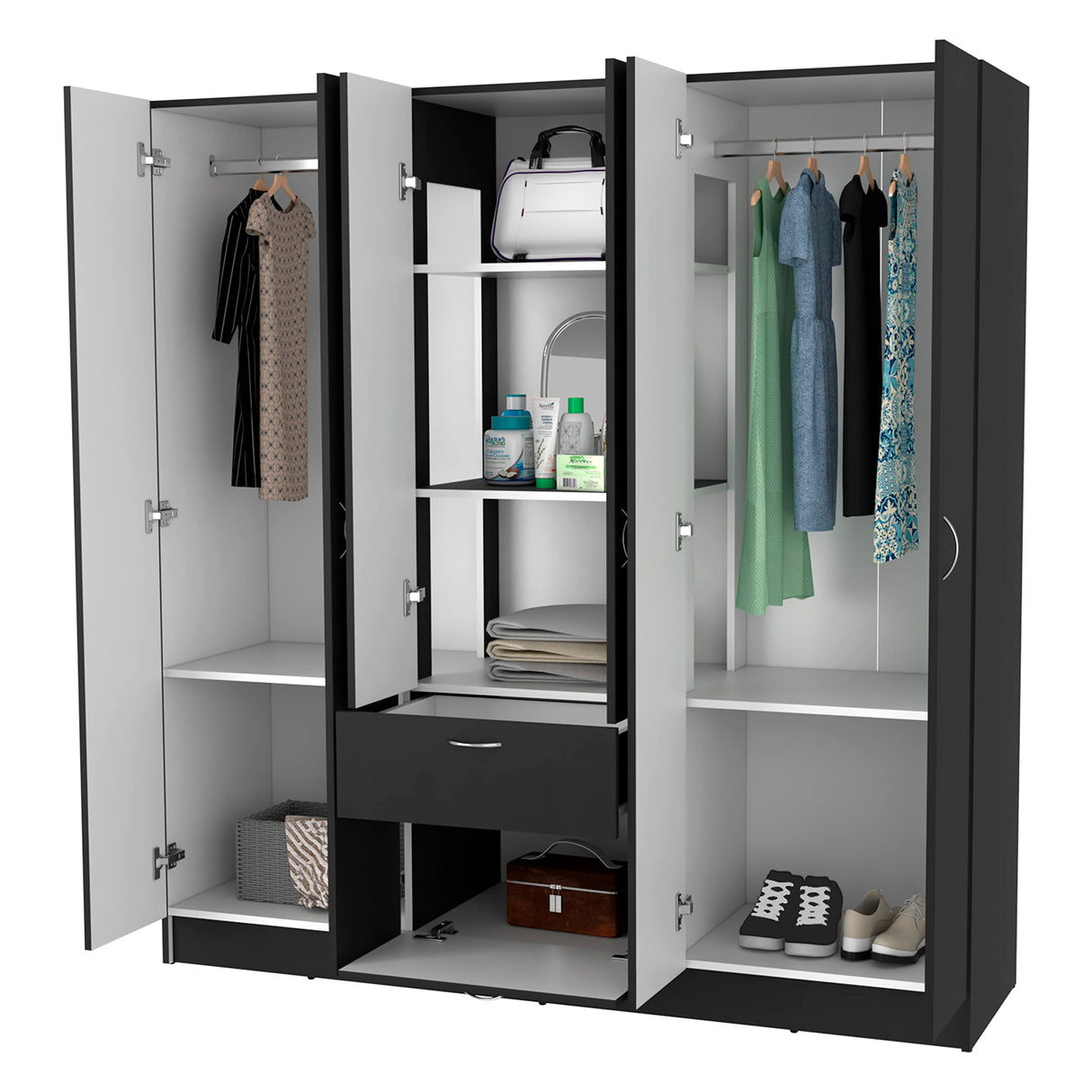 FM FURNITURE Guajira Six Door Armoire, Three Cabinets, Hidden Drawer Shoes,Black/White for Bedroom FM FURNITURE