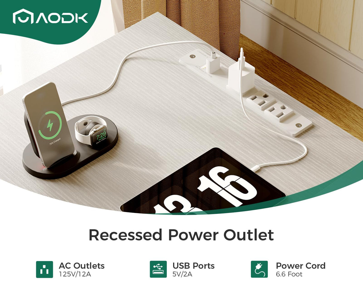 AODK 66" L Shaped Computer Desk, 113“ Reversible Home Office Desk with File Cabinet & 4 Fabric Drawers, Two Person Desk with LED Lights & Power Outlet, Corner Gaming Desk with Monitor Shelf, White AODK