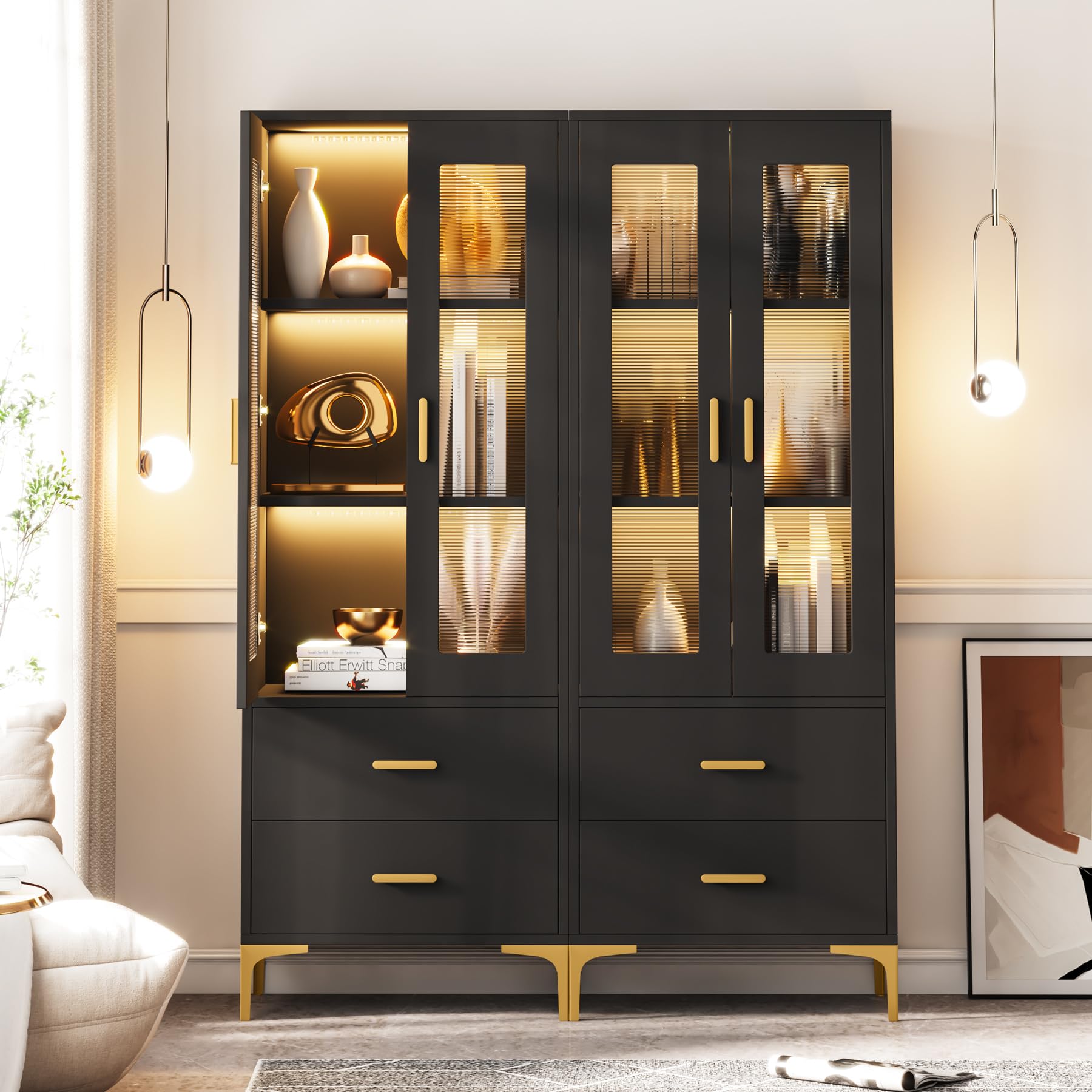 Tribesigns Tall Bookcase with LED Light and Storage Drawers - Stylish Black Freestanding Cabinet for Any Room - WoodArtSupply