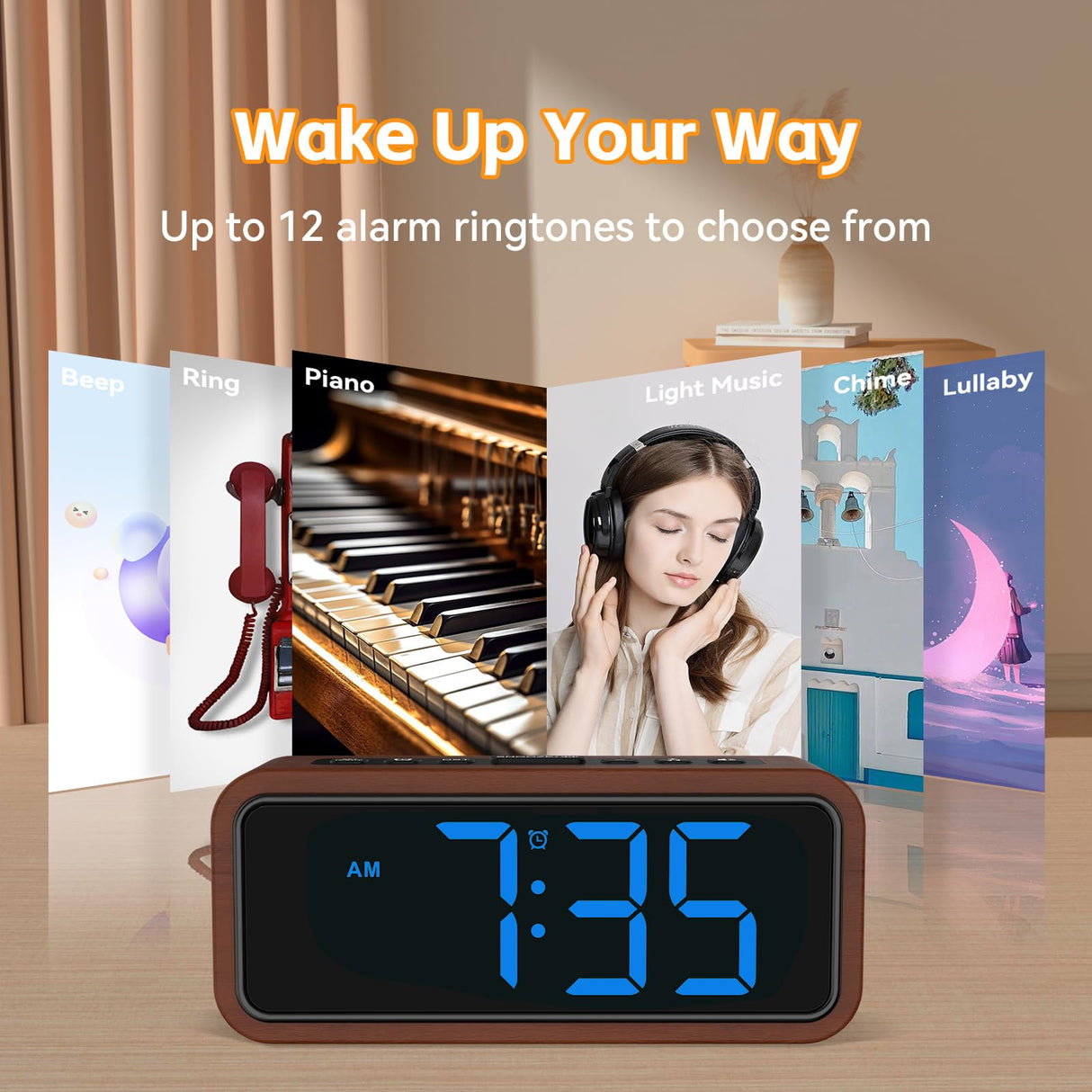 Netzu Wooden Alarm Clock, Loud Digital Clock with 5 Volumes, 12 Ringtones, Manual DST, Snooze Plug-in Alarm Clock for Heavy Sleepers Bedroom Bedside Living Room Office Wood Decor (Blue) Netzu