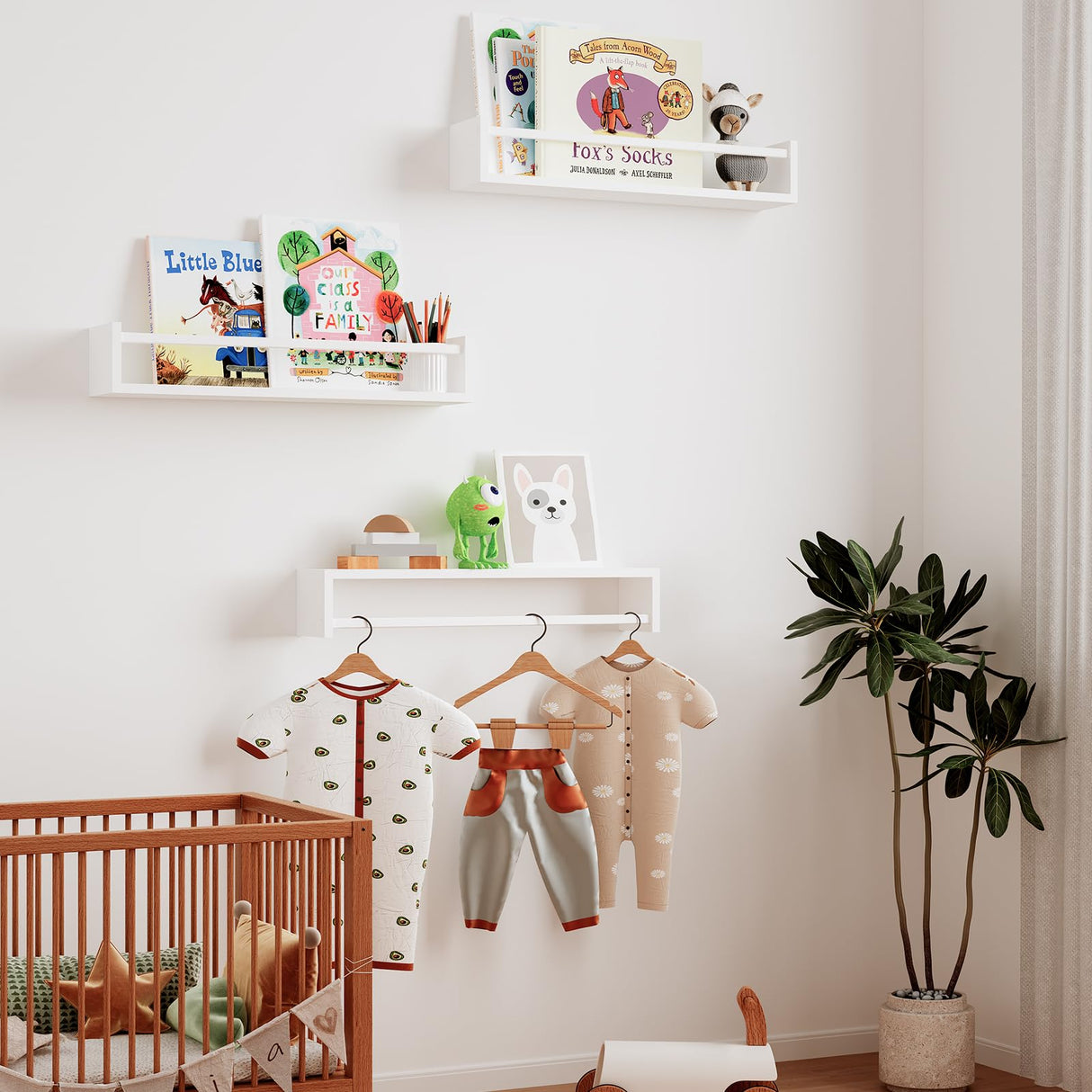 Fixwal Wood Nursery Book Shelves, 16.5 Inch Floating Bookshelves for Wall Set of 3, Baby Kids Decor, Solid Wood Wall Mounted Shelves for Books, Toys and Decor Storage (White) Fixwal