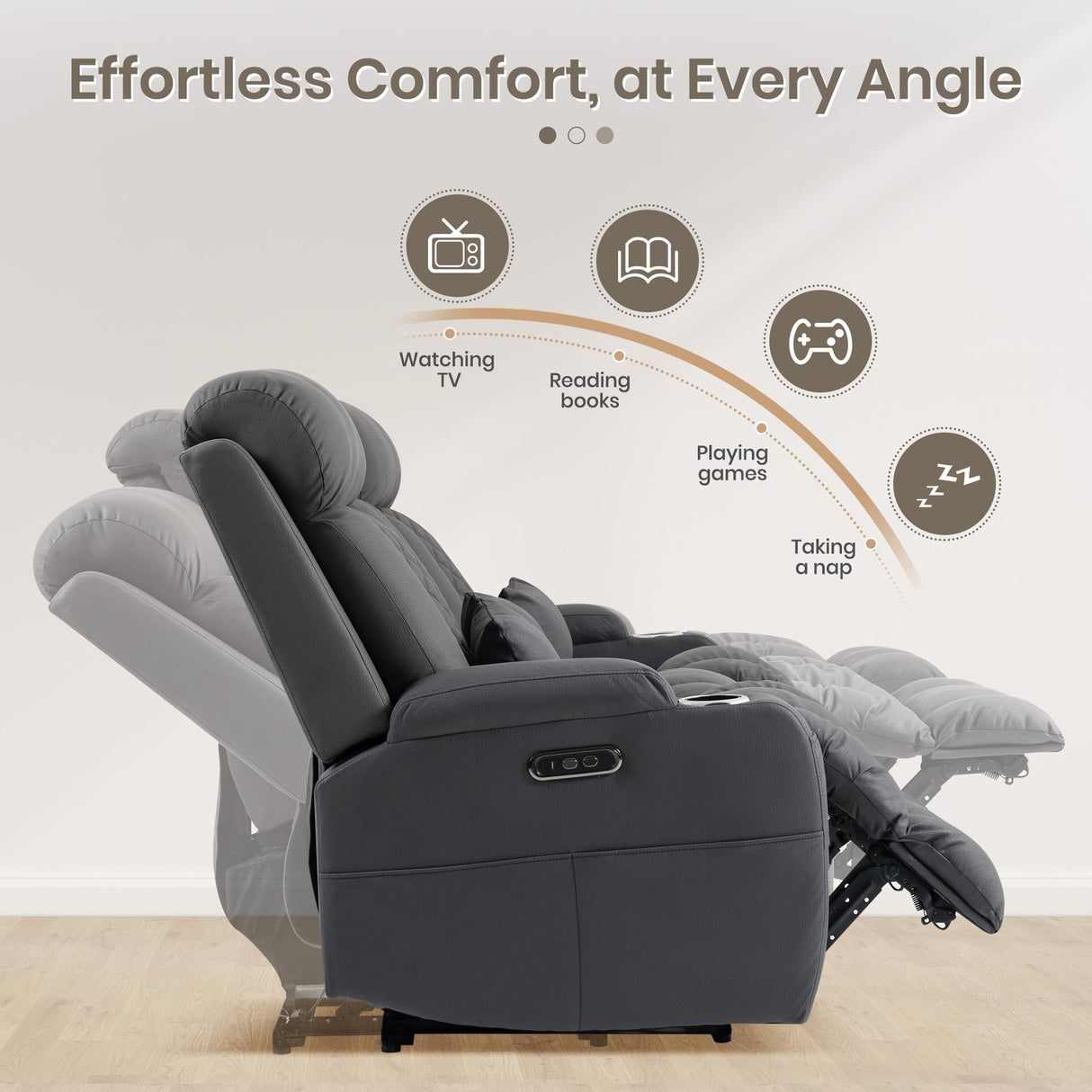 CALIVIA Wall Hugger Power Reclining Sofa with Manual Adjustable Headrests, Electric Recliner Couch with Drop-Down Table, Power Recliner Sofa 3-Seater with Charging Ports for Living Room (Grey) CALIVIA