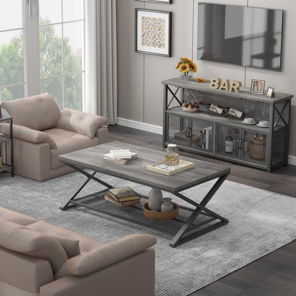 LVB Liquor Home/ Coffee Bar Cabinet, Industrial Farmhouse Modern Sideboard Buffet Cabinet for liquor and glasses with Wine Rack Storage for Kitchen Dining Living Room, Light Grey Oak 47 in LVB