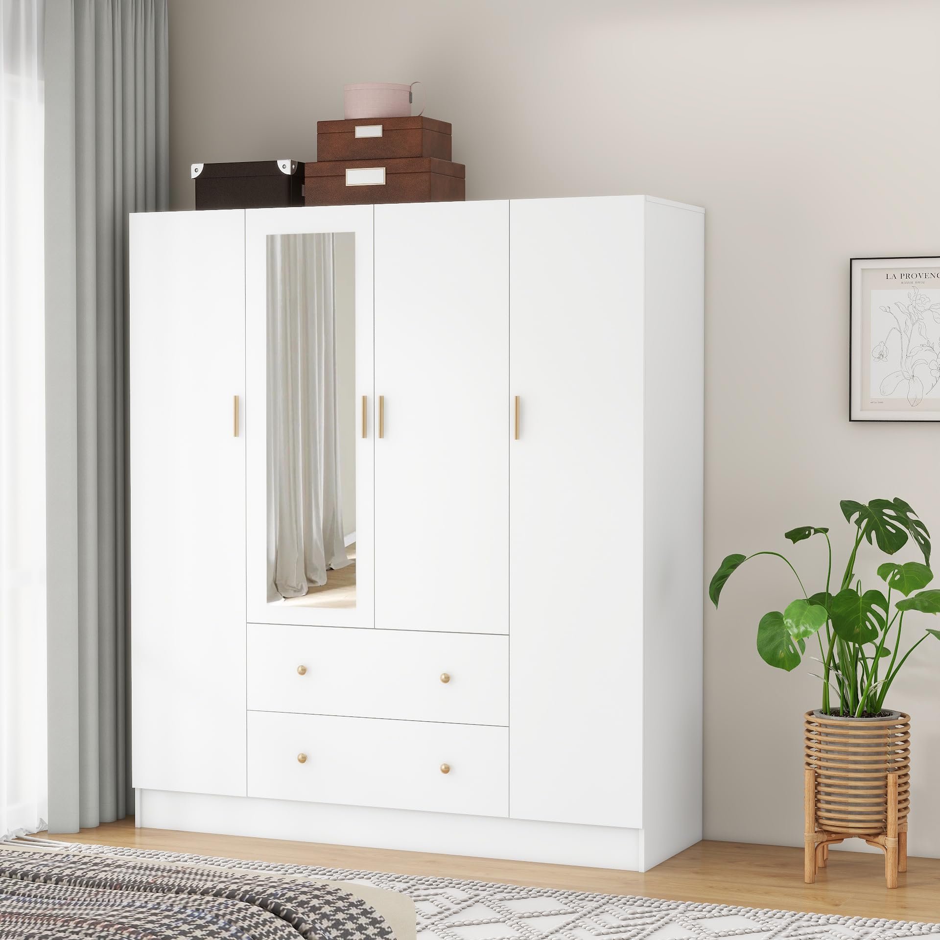 Panana Bedroom Armoires Wardrobe Closet with 4 Doors 2 Drawers and Mirror, Large Shelves Hanging Rods for Bedroom, 62.7" W x 19.7" D x 70.8" H - WoodArtSupply