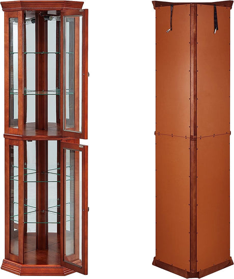 Goujxcy Lighted Corner Display Curio Cabinet Wooden Curved Shelving Unit with Adjustable Shelves and Mirrored Back Panel, Tempered Glass Doors for Goujxcy