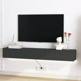 Floating TV Stand, Wall Mounted TV Shelf with LED Lights & Power Outlet, 68.8" Modern Entertainment Center Media Console with Storage with 3 Fluted Flip-Down Doors for Living Room,Bedroom(Black) GOSROMS