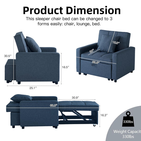 Yosonch Sofa Bed Chair Convertible ，Sleeper Sofa with Pull-Out Bed ，3-in-1 Futon Couch with Reclining Backrest and Side Pocket (Blue, 35.6‘) Yosonch