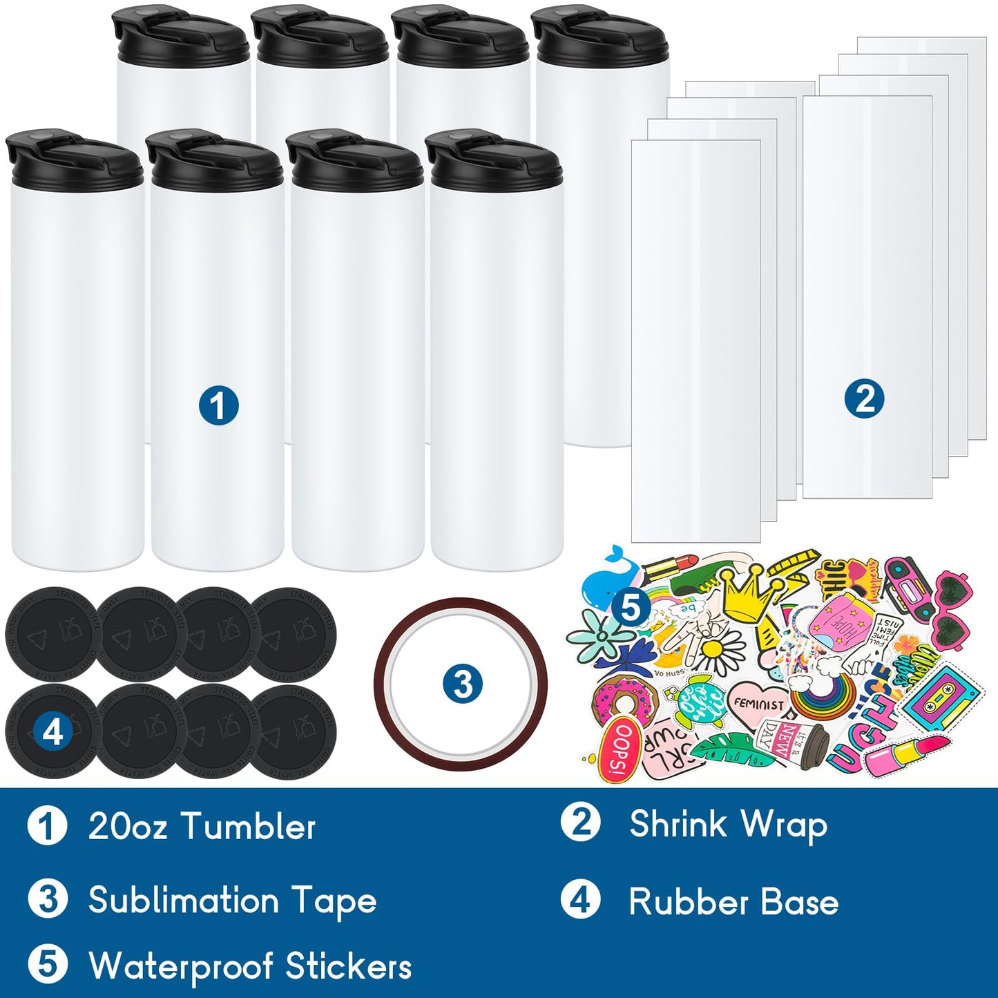 8 Pack 20 oz Sublimation Tumblers Dual Opening Blank Bottles Triple-Insulated Stainless Steel Water Bottle with Straw Lid Blank Tumbler Bulk with Shrink Wrap, Rubber Base, Heat Tape for Heat  - WoodArtSupply