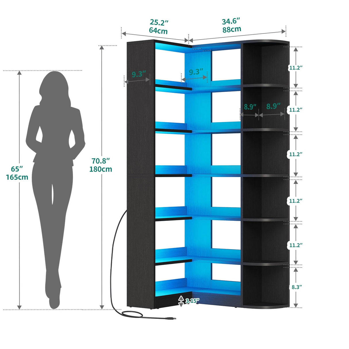 YITAHOME Corner Bookshelf and Bookcase with LED Light, Black Bookshelf 6 Tier Corner Shelf L-Shaped Bookcase Storage Display Shelf for Home Office, Living Room, Bedroom, Black YITAHOME