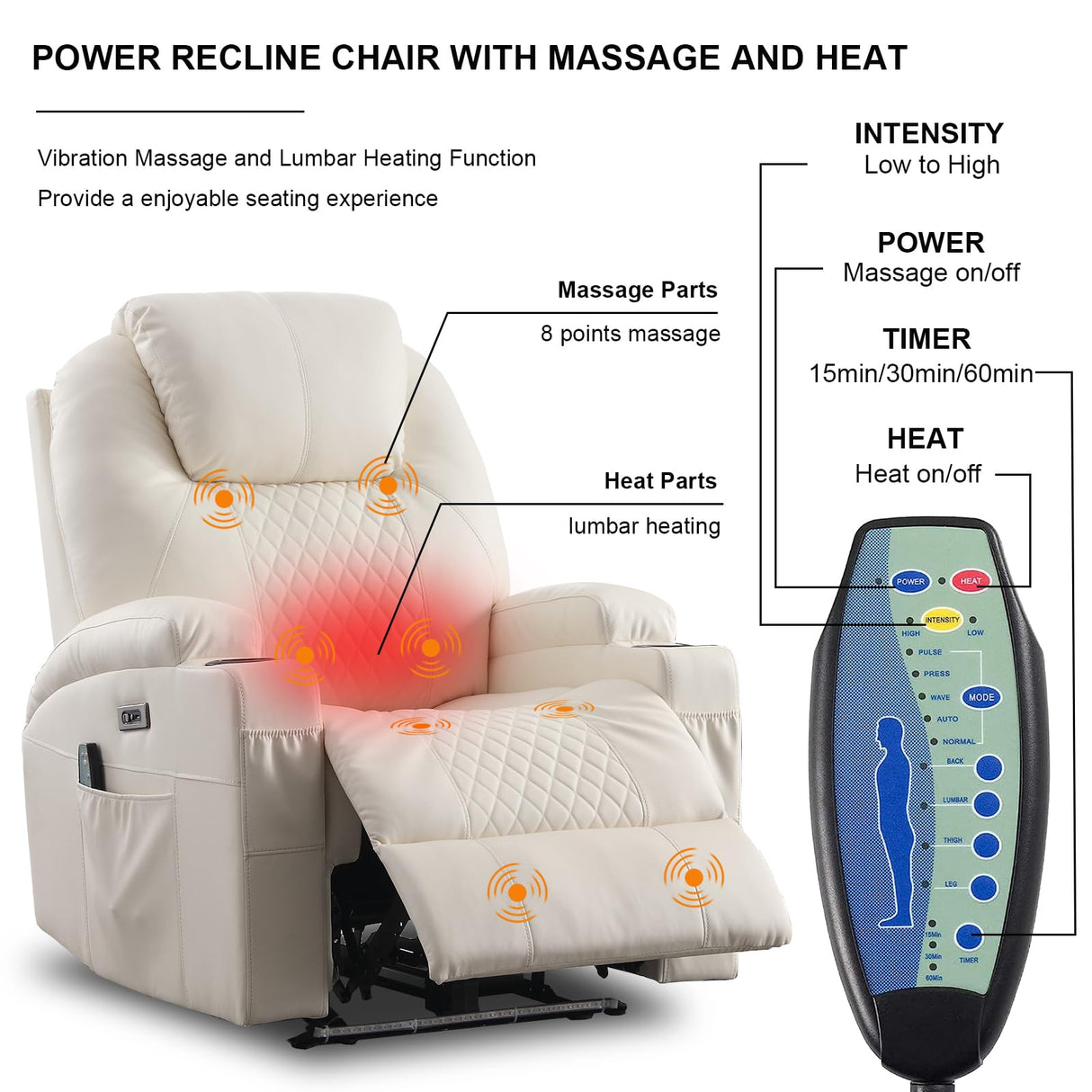 AHMED Power Recliner Chair, Home Theater Seating with LED Ambient Lighting, PU Leather Lazy Sofa Heat Massage Chair with Cup Holders/Side Pockets/USB Ports for Living Room (Beige, Single) AHMED
