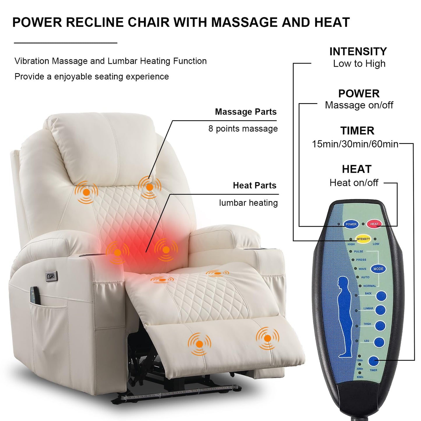 AHMED Power Recliner Chair, Home Theater Seating with LED Ambient Lighting, PU Leather Lazy Sofa Heat Massage Chair with Cup Holders/Side Pockets/USB Ports for Living Room (Beige, Single)