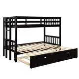 KLMM Twin Over Pull-Out Bunk Bed with Trundle, Wooden Twin Over Twin/Full/Queen/King Bunk Bed, Accommodate 4 People Extendable Bunk Beds with Ladder and Safety Rail (Espresso) KLMM