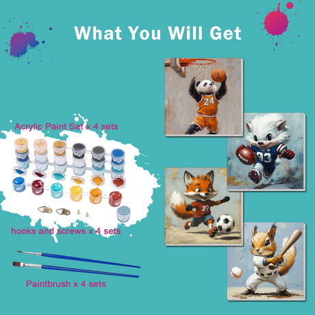 4 Pack Paint by Numbers Kit for Kids, Animals Color by Number Painting Kits for Kids Ages 8-12 Sports Paint by Numbers with Framed Canvas Children DIY Paints by Number Kits for Beginners 8x8 Inch AILIBUT
