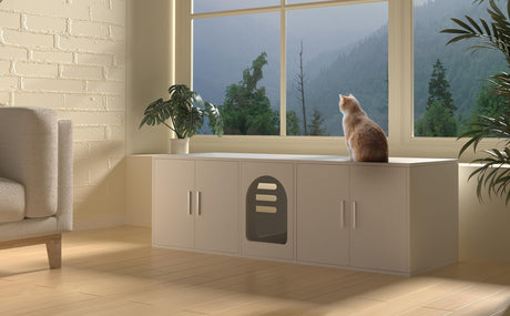 Amunrbrek Double Litter Box Enclosure, Litter Box Enclosure for 2 Litter Boxes, Modern Litter Box Furniture for 2 Cats, with Cat Door & Motion Light (White) amunrbrek
