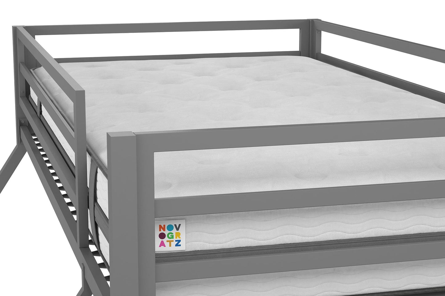 Novogratz Maxwell Metal Bunk Bed Frame for Kids and Teens, with Angled Ladder, High Guardrail and Metal Slats, No Boxspring Required, Underbed Storage Space, Twin-Over-Full, Gray