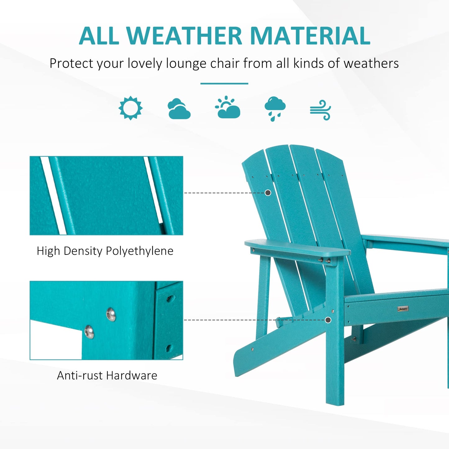 Outsunny Adirondack Chair, HDPE Fire Pit Chair, Weather Resistant Outdoor Chair for Patio, Garden, Backyard, Lawn, Turquoise - WoodArtSupply