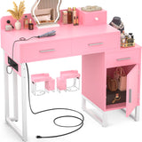 Vanity Desk with 4 Storage Drawers - Modern Makeup Vanity Table with Charging Station, Pink Vanity Desk with Reversible Cabinet Dressing Table Set with Divided Organizers for Women Girls, Pink & White Besiost