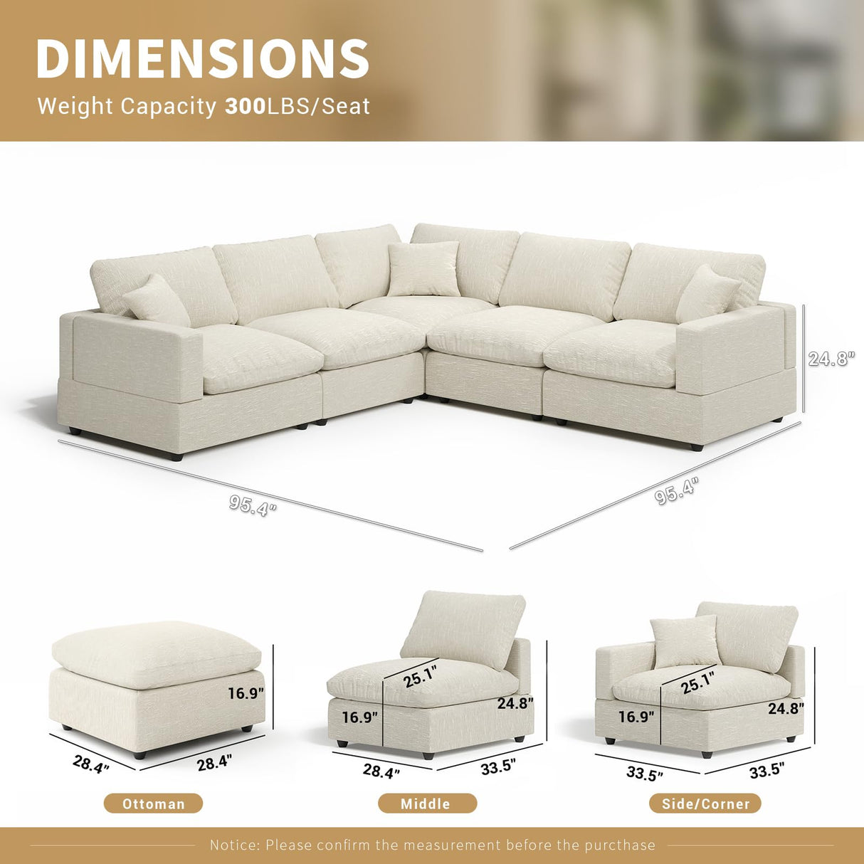 Gtilzria Cloud Sectional Linen Couch for Living Room V-Shape Sofas,5 Seat Modern Modular Sofas,Couches Cushion Covers Removable,Cozy Down Filled Sofa for Apartment Beige Gtilzria