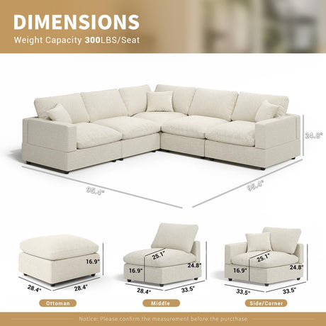 Gtilzria Cloud Sectional Linen Couch for Living Room V-Shape Sofas,5 Seat Modern Modular Sofas,Couches Cushion Covers Removable,Cozy Down Filled Sofa for Apartment Beige Gtilzria