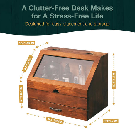 Vintage Tabletop Organizer with Glass Top Compartment -2-Tier Display Cabinet for Desk - Wooden Desktop Storage Box with Drawer and See-through Cabinet - Mahogany Brown Organizing Unit Woodaholic
