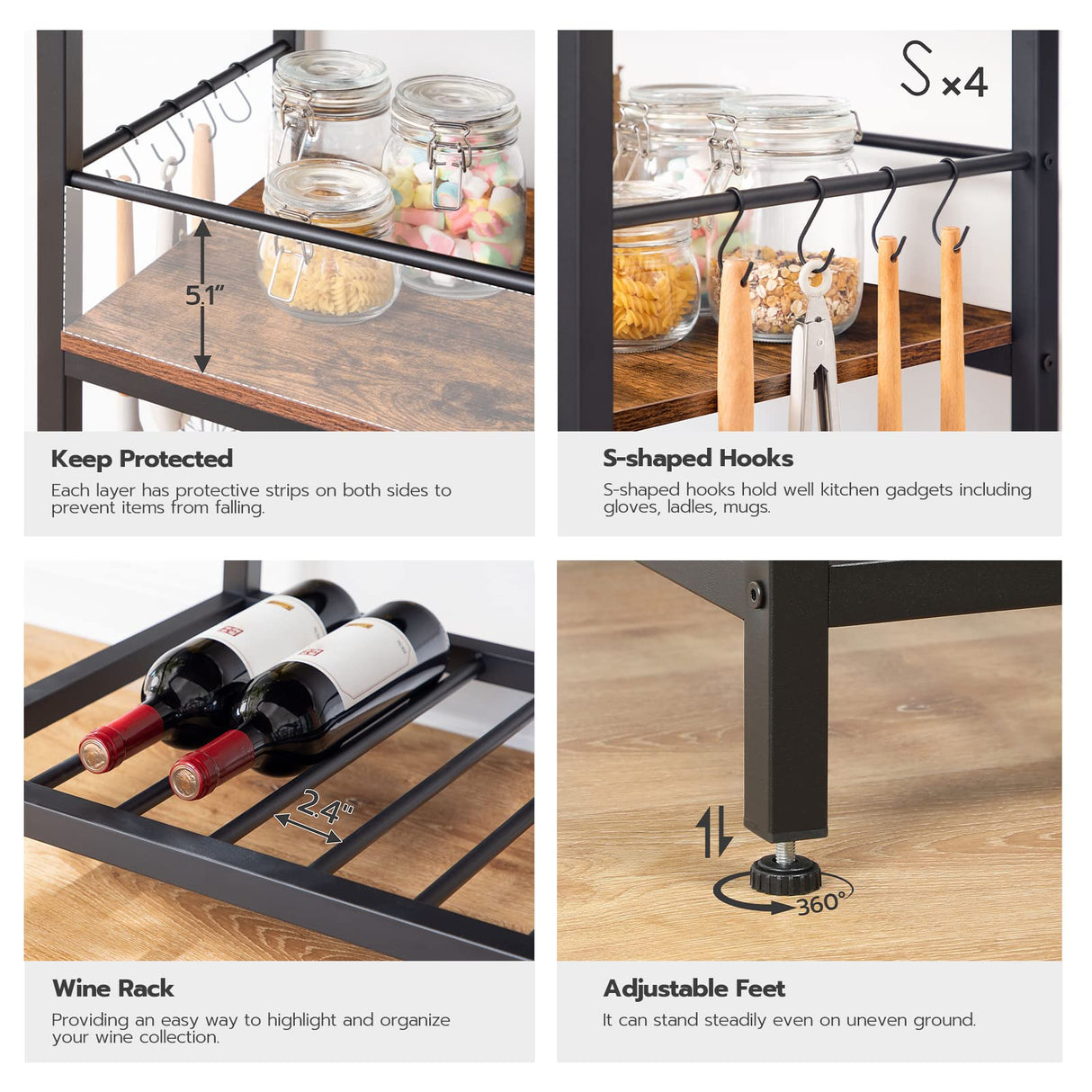 HOOBRO Kitchen Island with Wine Rack, Industrial Kitchen Counter with Hooks and Protective Rails, 3 Tier Kitchen Shelf with Large Workstation, Easy Assembly, Rustic Brown BF02ZD01 HOOBRO