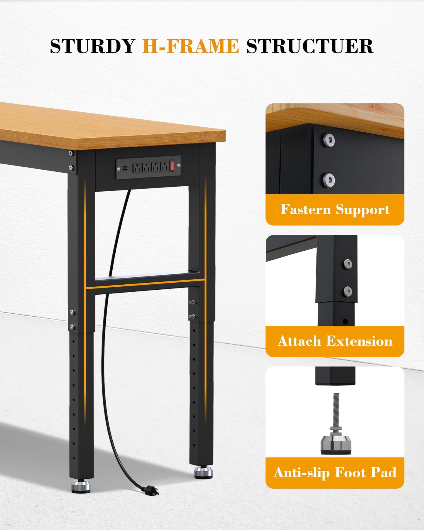 VORTEXTOVE 60" Adjustable Height Workbench 10 Level, 2000lbs Capacity Rubber Wood Top Work Station, Heavy-Duty Work Benches with Power Outlets, for Garage, Shop, Home, Office - WoodArtSupply