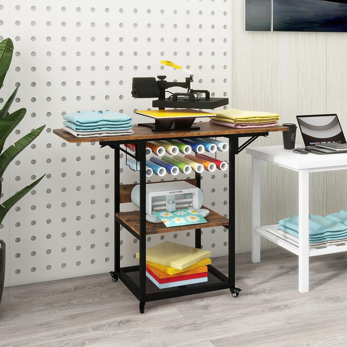 PUNCIA 3 Tier Movable Heat Press Table with Vinyl Roll Holder, Heat Transfer Stand with Folding Shelf,Heavy Duty Rolling Workbench for DIY Sublimation Transfer Machine,Heat Press Cart,Craft Table PUNCIA