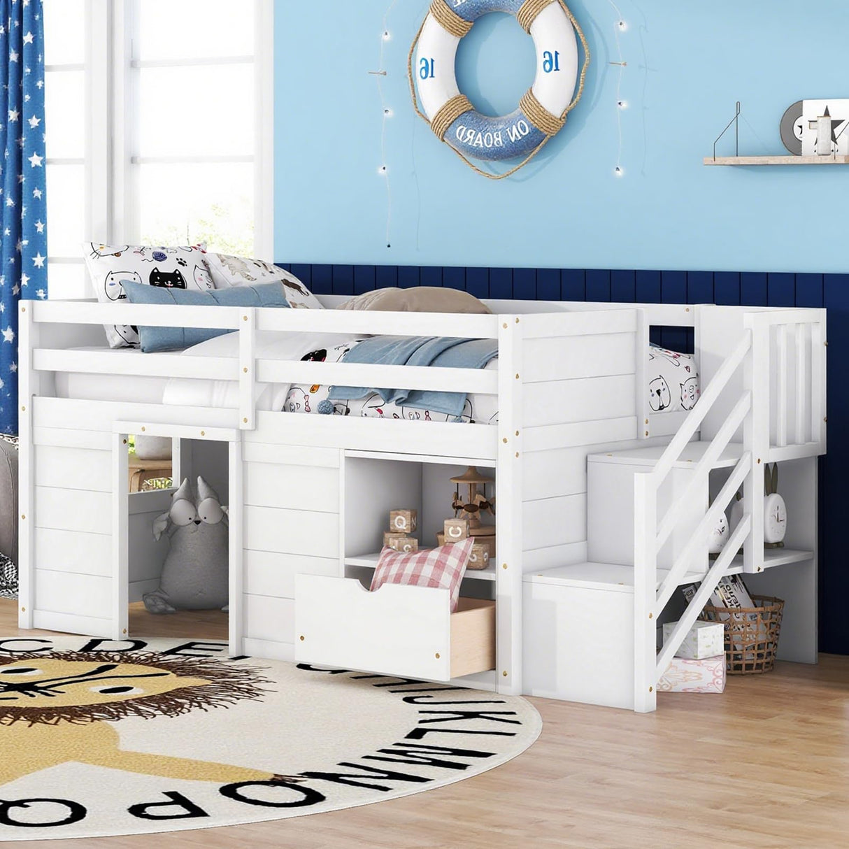 Twin Low Loft Bed for Kids, Twin Size Solid Frame with Drawer and Stairs, Modern Space-Saving Bed, Loft Bed with Storage, Strong Wood Slats Support, Under-Bed Playroom, No Box Spring Needed (White) Lyngins
