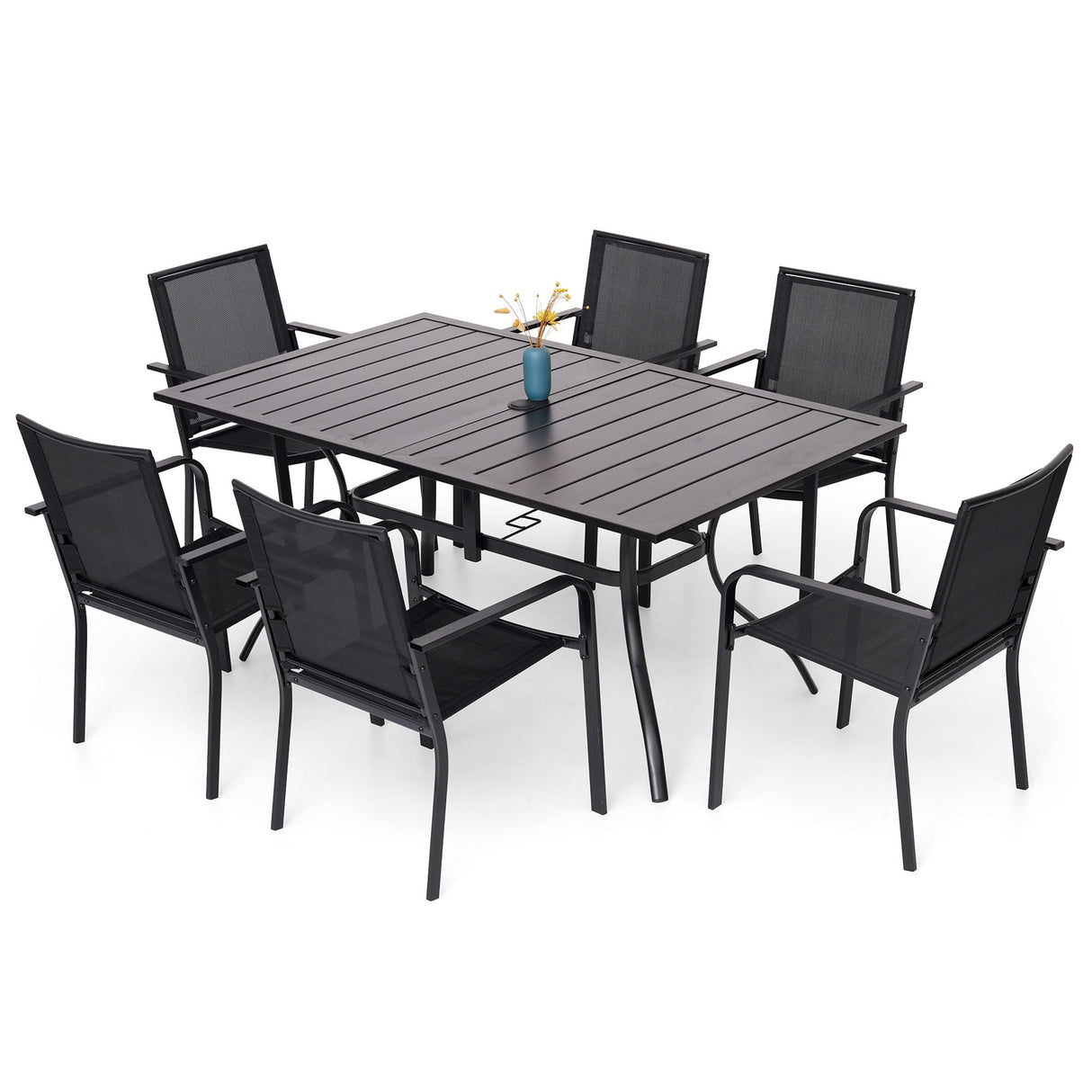 Anmutig Patio Dining Set for 6, 7-Piece Outdoor Furniture Rectangular Table and 6 Metal Textilene Stackable Chairs Set for Lawn Backyard and Deck Black Anmutig