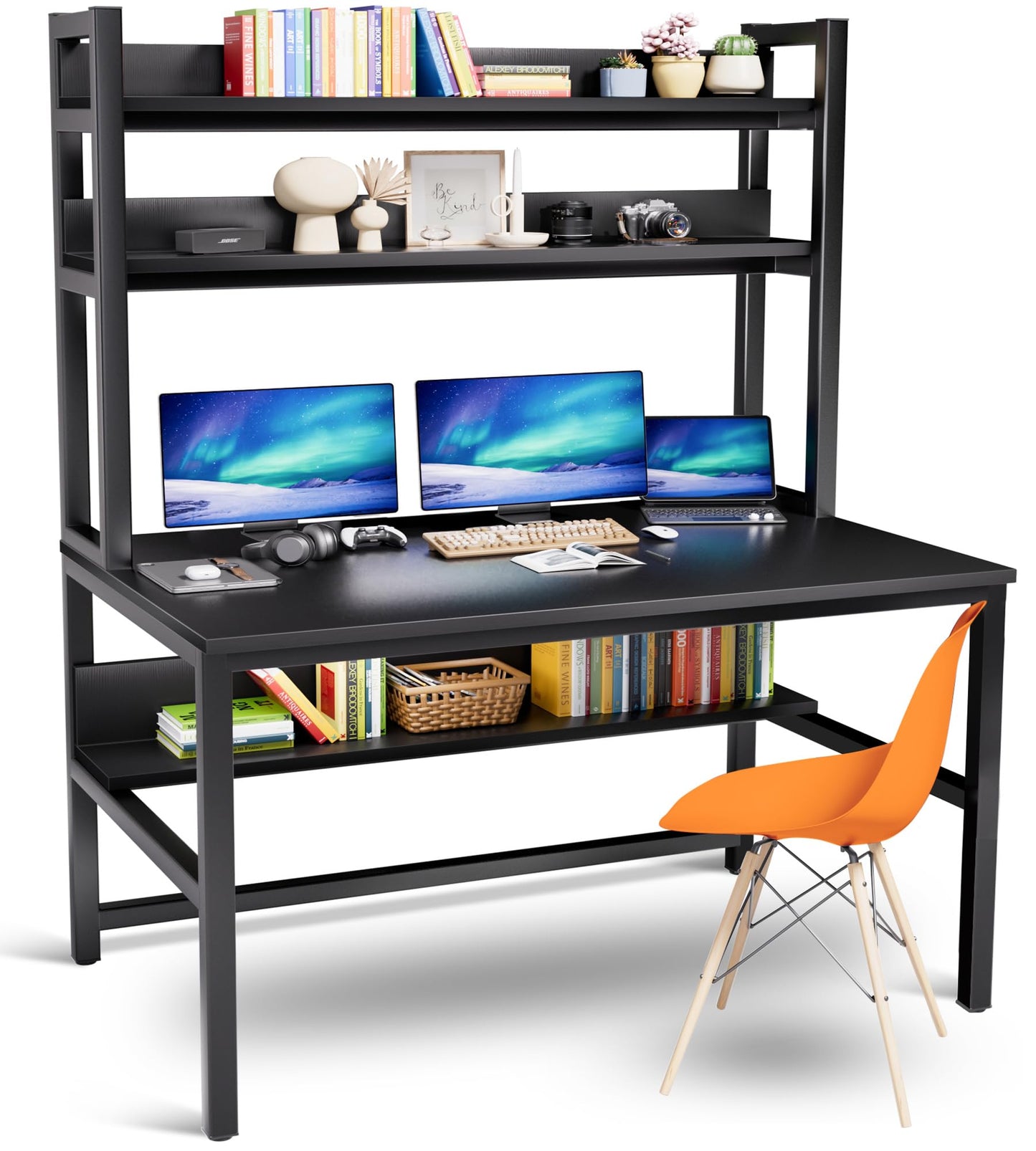 Aquzee 55-Inch Black Computer Desk with Hutch and Bookshelves for Space-Saving Storage - WoodArtSupply