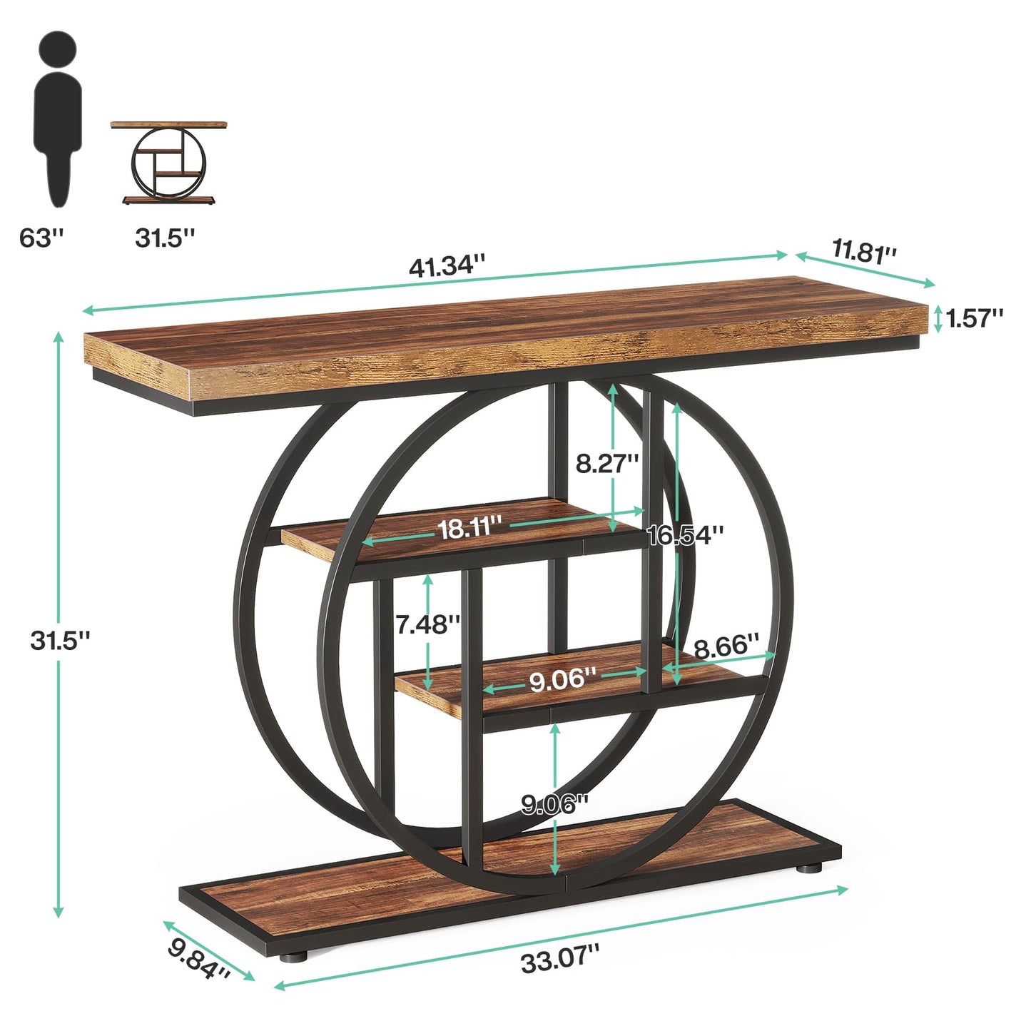 Tribesigns 41.3" Console Table, Industrial 4-Tier Sofa Table Entryway Table with Circle Base, Narrow Wood Accent Tables with Storage Shelves for Living Room, Hallway, Foyer, Rustic Brown - WoodArtSupply