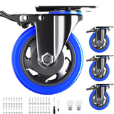 5 Inch Caster Wheels with Safety Dual Locking, Heavy Duty Casters Set of 4, Industrial Swivel Casters 2400Lbs, Polyurethane No Noise Wheels for Cart, Furniture(Bonus of 2 Hardware Kits) WOZESEIK