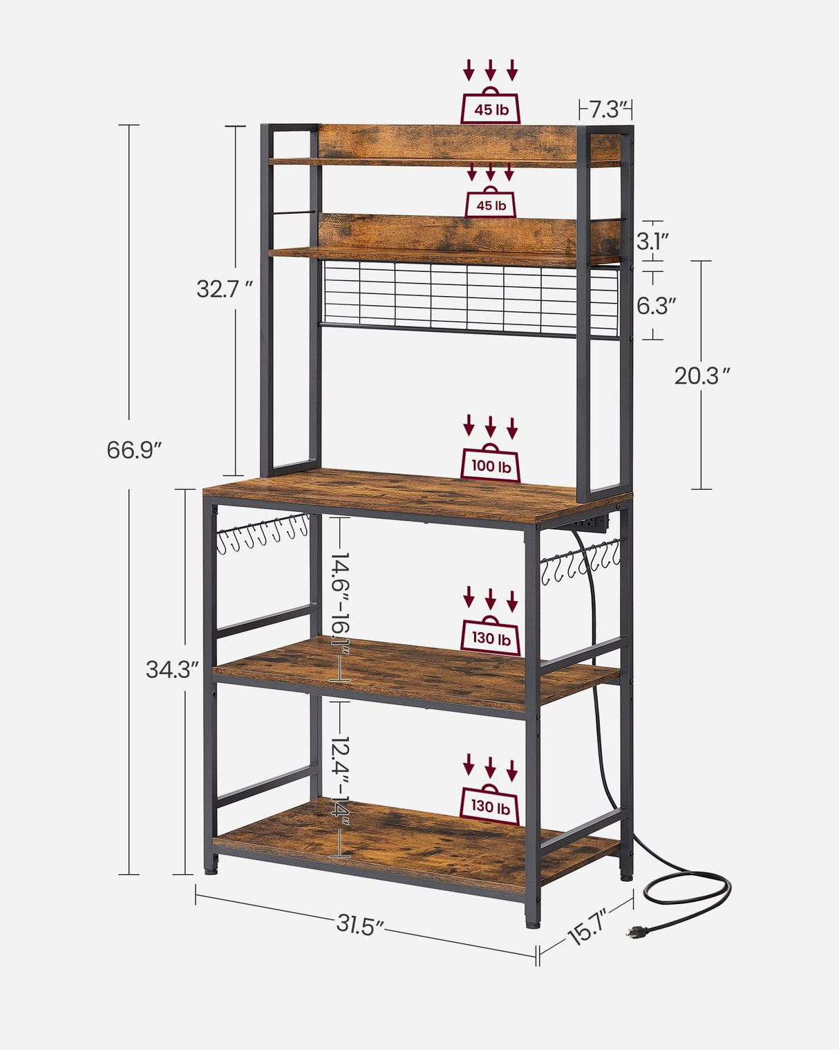 VASAGLE Hutch Bakers Rack with Power Outlet, 14 Hooks Microwave Stand, Adjustable Coffee Bar with Metal Wire Panel, Kitchen Storage Shelf, 15.7 x 31.5 x 66.9 Inches, Rustic Brown and Black UKKS025B01 VASAGLE